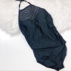 Merona | Laser Cut Halter One Piece Swimsuit Black